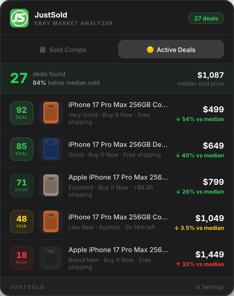 Active Deal Finder — live listings scored against comps