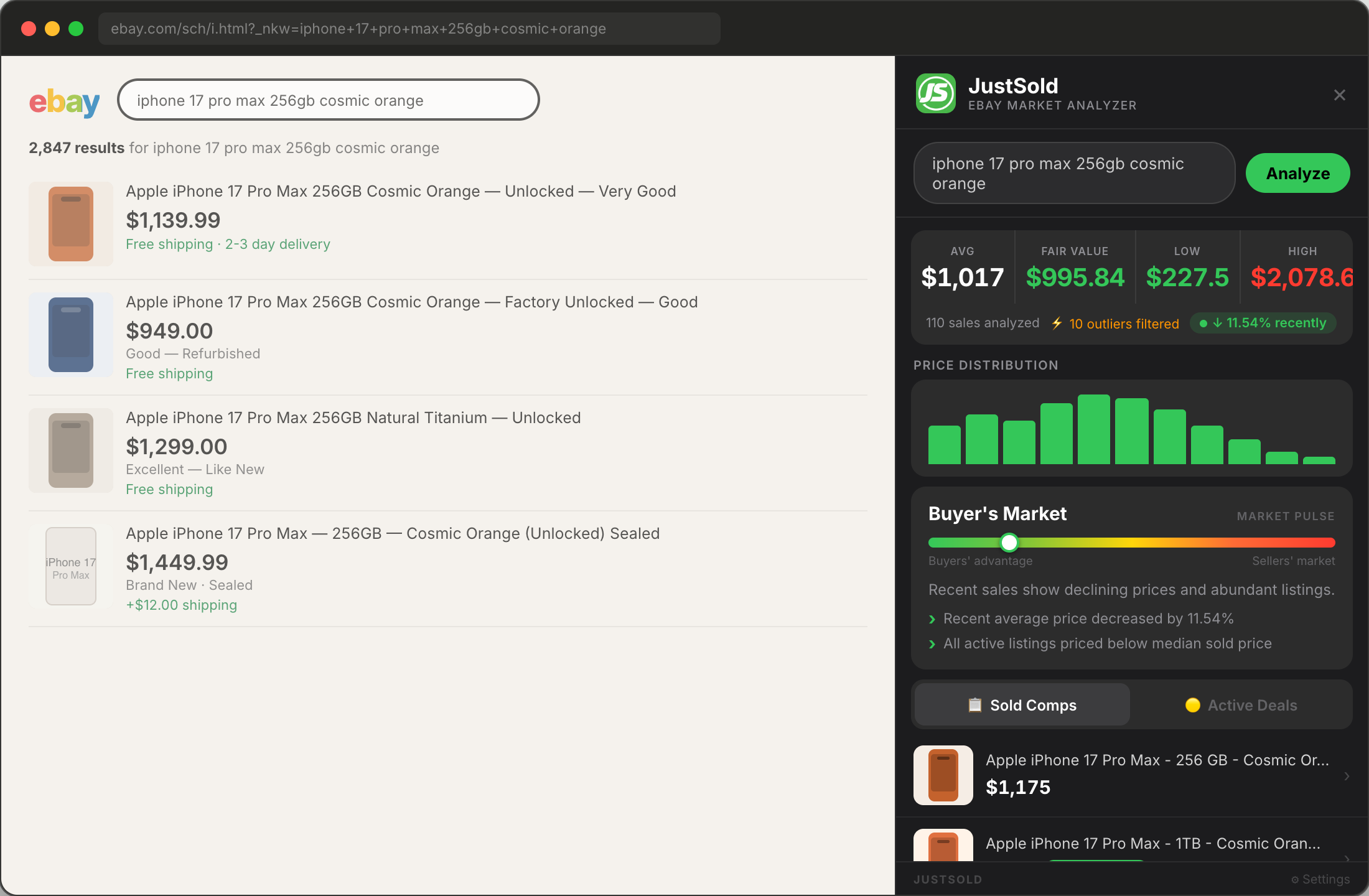 JustSold extension open on eBay — pricing intelligence, sold comps, and deal scoring panel