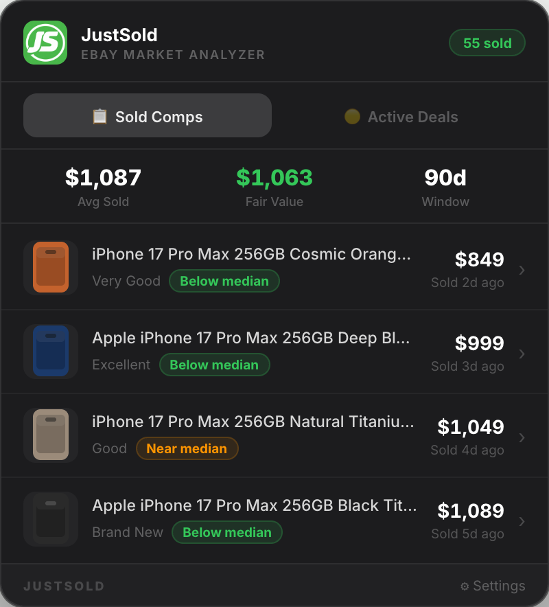 Sold Comps — verified recent sales with median badges